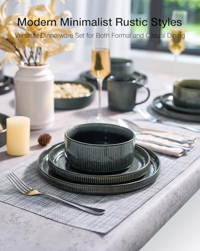 Image of Famiware Star 24-Piece Stoneware Dinnerware Sets, Service for 6 - Reactive Glaze Mugs, Plates and Bowls, Dishes for Everyday /Formal Use, Chip /Scratch Resistant, Microwave /Dishwasher Safe, Deep Forest
