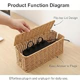 Rattan organizer na kable, pudełko na kable, ręcznie wykonany pojemnik na kable z pokrywką, na biurko, do domu, biura (brązowy)
