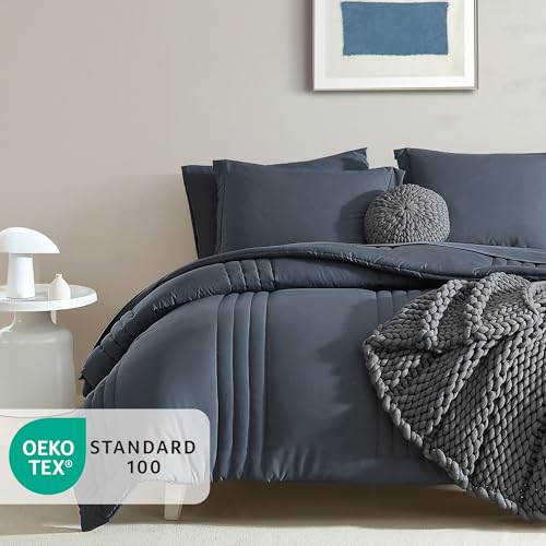Image of Monbix Oversized King Size Comforter Set - 7 Pieces Blue Gray Bed in a Bag Oversized King Bedding Sets with Comforter, All Seasons Comforter Bed Set with Sheets, Pillowcases & Shams