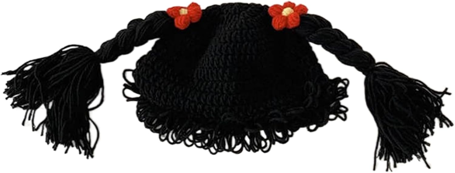 Thereisno Cute Baby Girl Hat Pigtail Braid Wig Cap Crochet Knitted Winter Hat for Children Kids Aged 6-48 Months Bonnet Cap Black