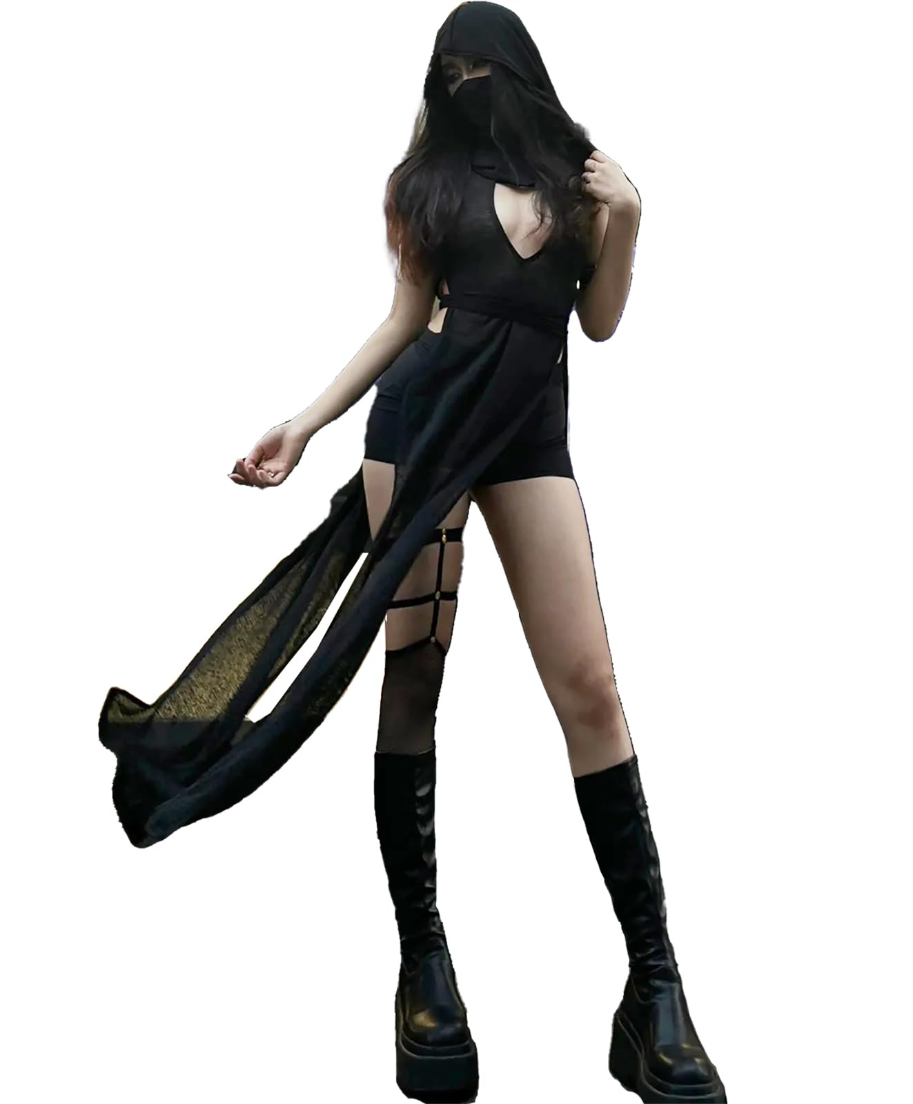 Sexy Goth Outfit for Women, Sheer Sleeveless Punk Streetwear Rave Festival Dress, Hollow Out Split Hooded Dresses