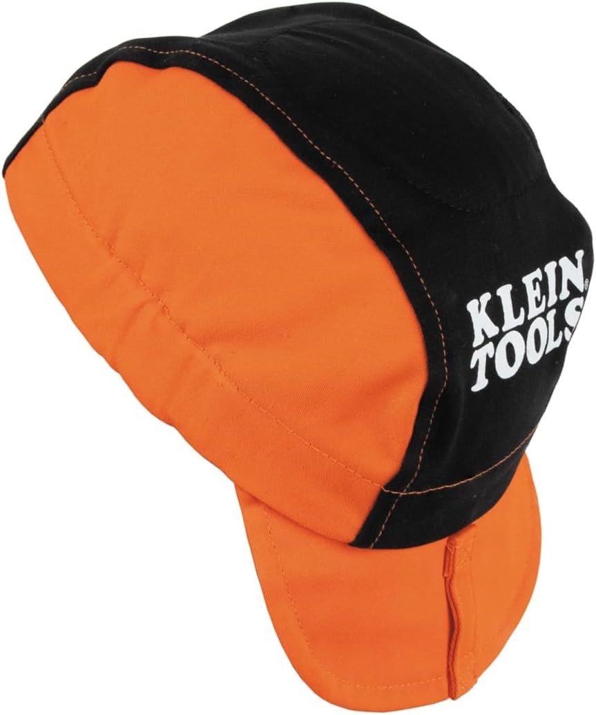 KLEIN TOOLS 60898 Flame-Resistant Welding Cap, Cotton Protective Hat with Wide Neck Bill and Sweat-Absorbing Padding Orange,Black