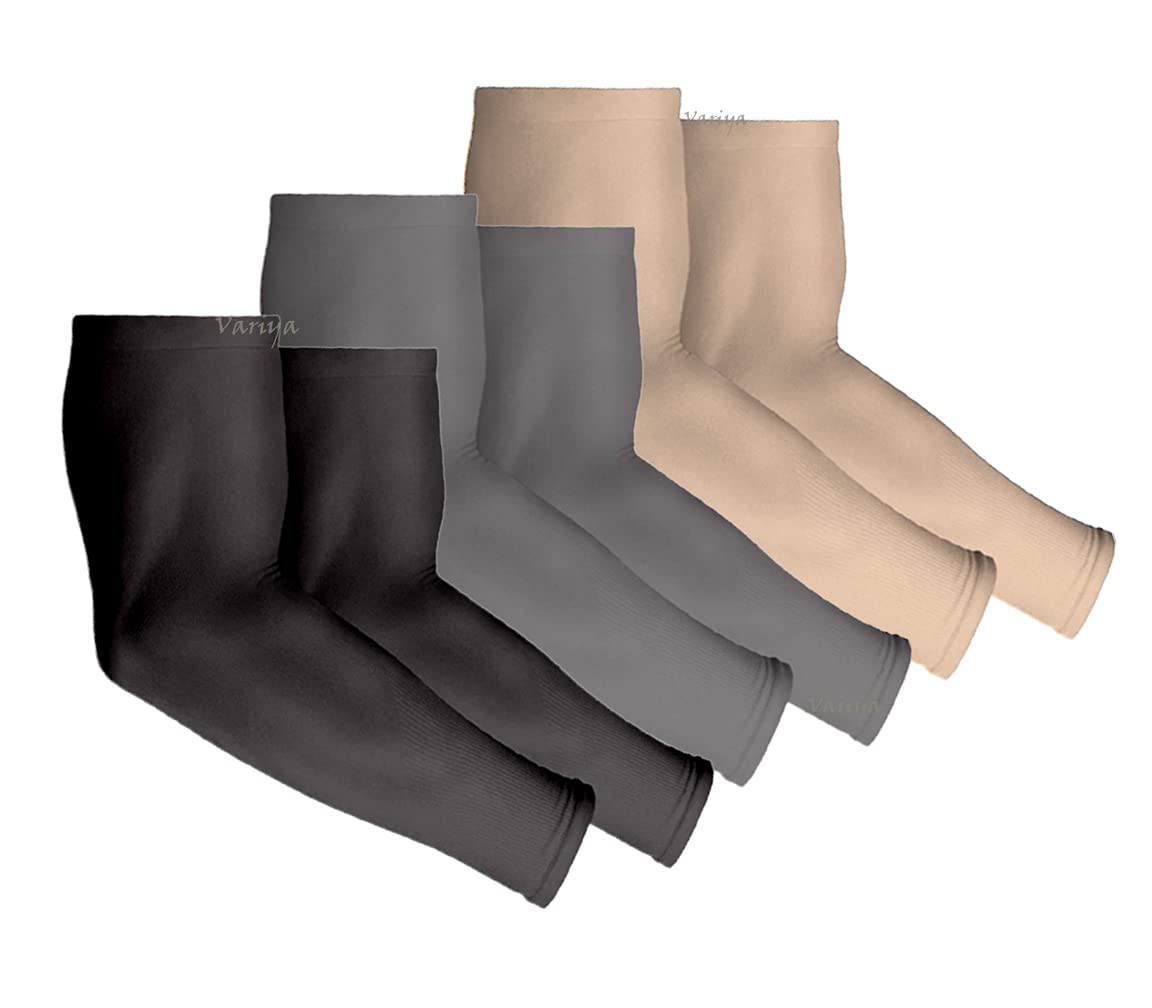 V.E High Performance Arm Sleeves for Athletic Arm Sleeves Perfect for Cricket, Bike Riding,Cycling & Outdoor Activitiess ( No Thumb), Black,Grey And Skin Color - 3 Pairs, Free