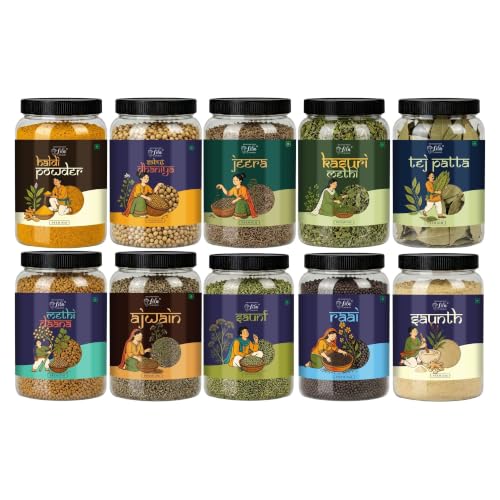Image of LILA DRY FRUITS Indian Kitchen Pro Spices Masala Combo | Haldi, Dhania, Jeera, Saunf, Rai, Methi Dana, Kasuri Methi, Tej Patta, Ajwain & Sonth 100 Gms Each