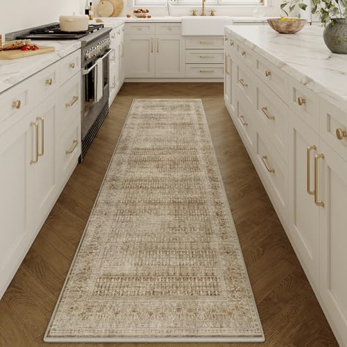 PureCozy Beige Runner Rug 2x8 Vintage Area Carpet Hallway Long Indoor Kitchen Washable Living Room Low Pile Traditional Distressed Retro Accent Throw Rug Non Slip Laundry Bathroom Office 2'