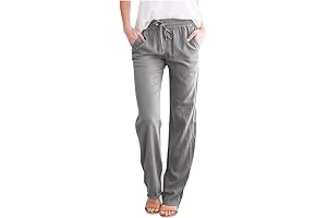 Womens Cotton Relaxed Fit Pull On Pants with Elastic Waist Solid Lounge Long Trousers