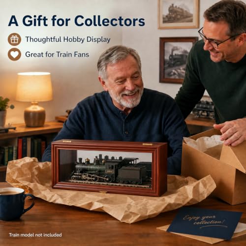 Image of Silipull O Scale Train Model Display Case Brown Pine Wood Collector Display Box Tabletop and Wall Mounted Train Shelf with Mounting Hardware Keys for Railway Model Collectors Gifts Wall Decor