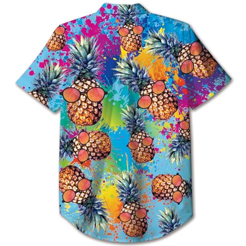 Image of uideazone Casual Tropical Vacation Colorful Pineapple Short Sleeve 3D Printed Watercolor Splash Hawaiian Shirt Holiday Retro Cute Button Down Shirt Hawaiian Summer Wear