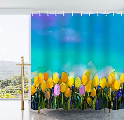 Ao blare Flowers Shower Curtain Oil Painting Tulips Flowers Yellow and Violet Tulip Green Blue Sky Spring Summer Season Polyester Fabric Shower Curtain Set with Hooks 72X72 Inches