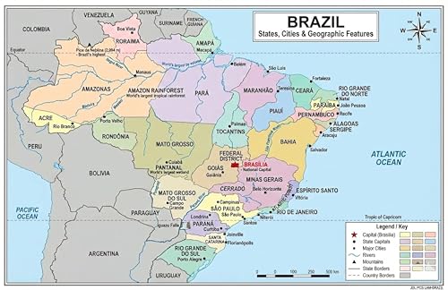 JELLY BEAN GENIUS Brazil Map Poster 11x17 | Laminated Double-Sided Geography Chart with Color Map Front & Blank Outline Back | Reusable Classroom & Homeschool Learning Tool