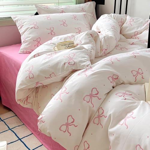 Image of Nayoroom Pink Bow Duvet Cover Twin Size Polka Dot Bowknot Coquette Duvet Cover 2 Pieces Soft Lightweight Microfiber Girls Cute Aesthetic Dorm Bedding Set