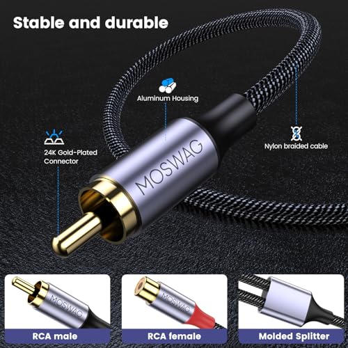 MOSWAG 1 Male to 2 Female RCA Splitter, RCA Y Splitter Cable Audio Video Splitter Adapter Extension Cord Compatible with subwoofers, Speakers, Home theatres, HDTVs, Gaming Consoles(0.65ft/20cm)