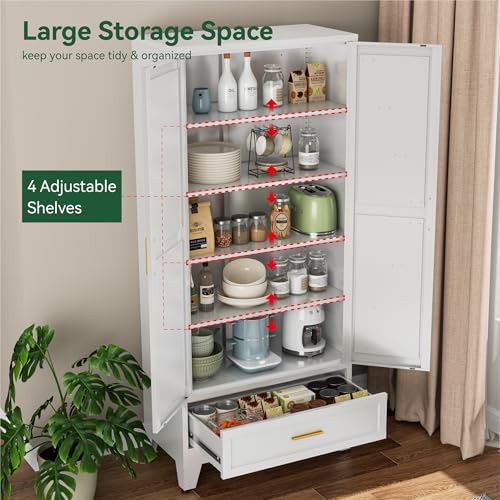 Image of Bevivog Farmhouse Metal Storage Cabinet with 4 Shelves, 71 inch Tall Shelf Cabinets with 2 Barn Doors & Drawer, 31.5 inch Wide Storage Cabinet with Doors for Office /Pantry /Bathroom