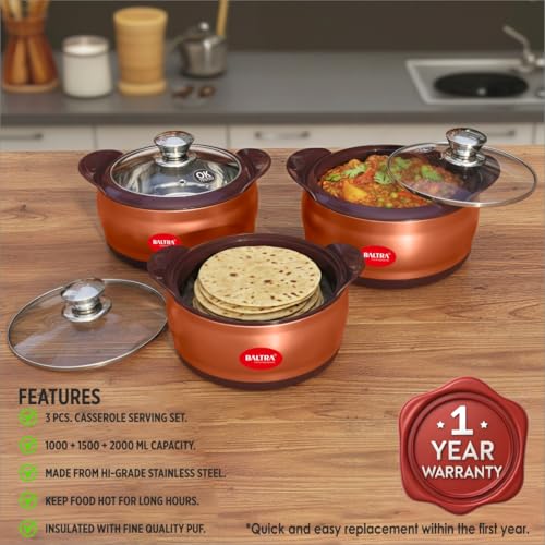 Image of BALTRA Crown Stainless Steel Serving Casserole Set 100% Food Grade with Glass Lid | PUF Insulated Chapati Casserole for Daily Use & Gifting | Hot Box /Roti Box (Crown Set of 3 (1000+1500+2000ml))