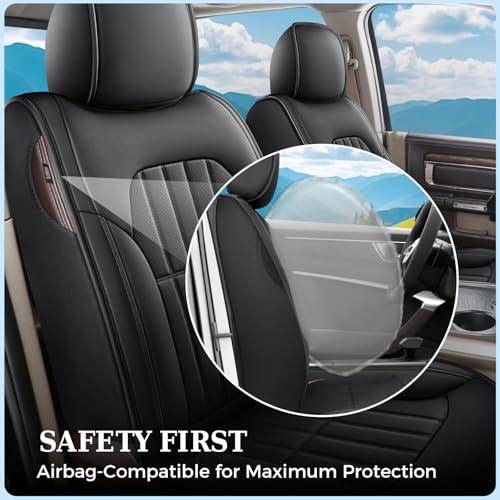 Image of Truckiipa Car Seat Covers Full Set, Dodge Ram Seat Covers Full Coverage Leather Protector Pickup Truck Accessories, Custom Fit for 2002-2018 Ram 1500, 2002-2025 Ram 2500 3500 Crew Mega Cab, Black