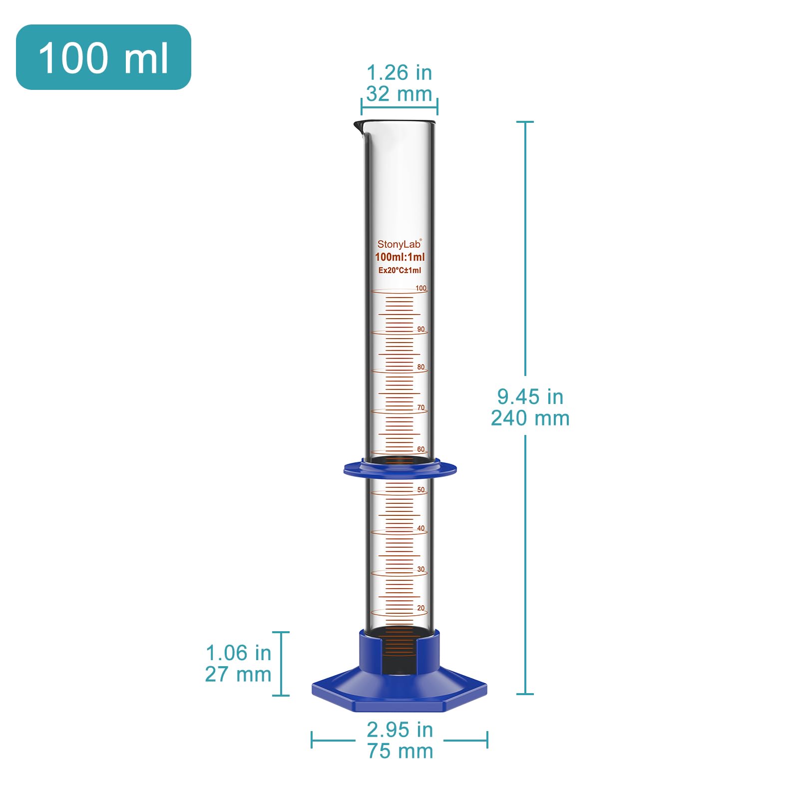 Cilindro Graduado de Vidrio Borosilicato 100 ml con Base Hexagonal de Plástico y Collar Protector para Laboratorio