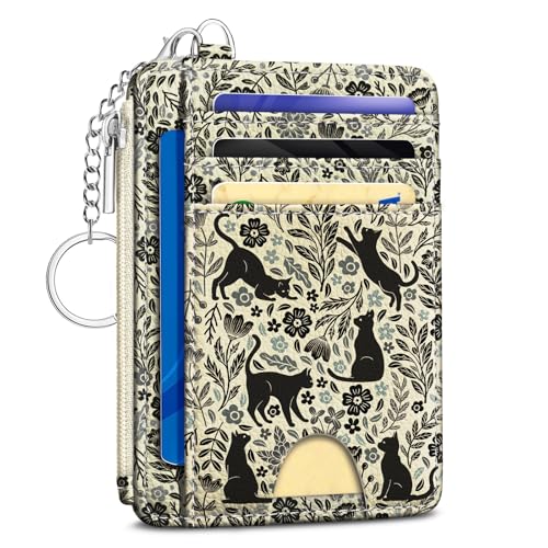 Image of Kelvoris Black Cat Credit Card Holder Slim Wallet Women Small RFID Keychain | Keychain, Zipper Coin Pocket, Front Pocket Thin Travel Card Case, Minimalist, 6 Card Slots, 1 ID Window, Ladies Gifts Woman