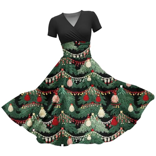 Gyaimxfu 2024 Weihnachtskleid Damen Kurzarm Weihnachten Party Kleid Weihnachtskleidung A-Linie Swing Kleid Dress Abendkleider Mit Rundhals Kurzarm Mit...