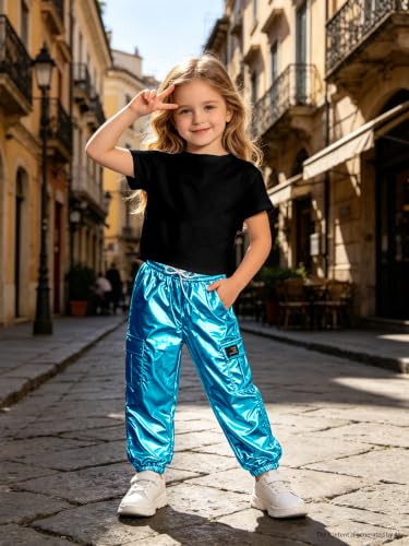 Image of SANGTREE Girls Shiny Hip Hop Outfits,Crop Top Cargo Joggers,4T‑14Y