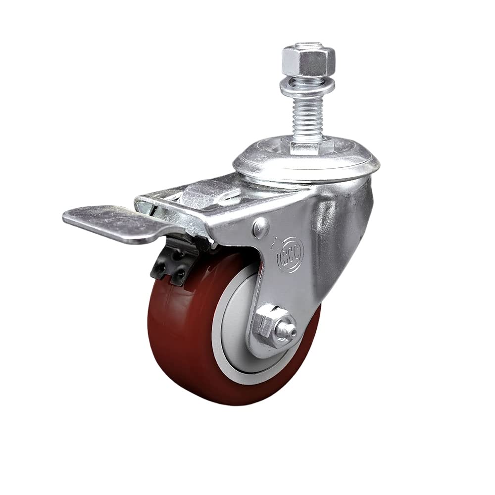Polyurethane Swivel Threaded Stem Caster w/3" x 1.25" Maroon Wheel and 12mm Stem - 300 lbs Capacity/Caster - Service Caster Brand