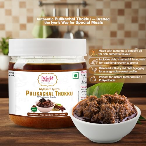 Image of Delight Foods Mylapore Iyer's Pulikachal Thokku 300g | Tamarind Rice Mix | Traditional Tamil Nadu| Made with Pure Gingelly /Sesame Oil | Homemade Style Pickle | No Preservatives
