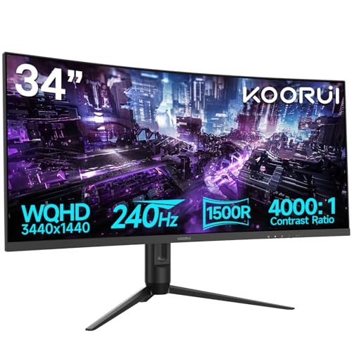 KOORUI 34 inch Ultrawide Curved Gaming Monitor 240Hz, PIP/PBP, 3440x1440P, 21:9 Display, 1500R Curvature. 1ms, Adaptive Sync, DP, HDMI, Vesa amoun,Support PS5,t,Computer Monitor G3441XC