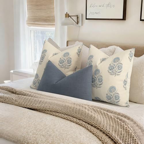 Image of YCOLL Vintage Floral Print Pillow Covers 18x18 Set of 2 Patterned Accent Decorative Cushion Covers Modern Farmhouse Throw Pillow Covers for Sofa Couch Chair Bed Living Room Home Decor, Light Blue