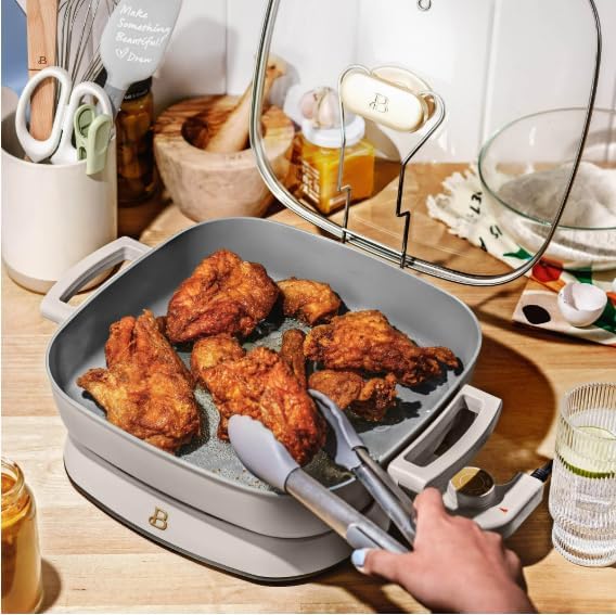 Beautiful 5-in-1 Electric Skillet ~ Expandable up to 7 Qt With Glass Lid, by Drew~Barrymore(Porcini Taupe)