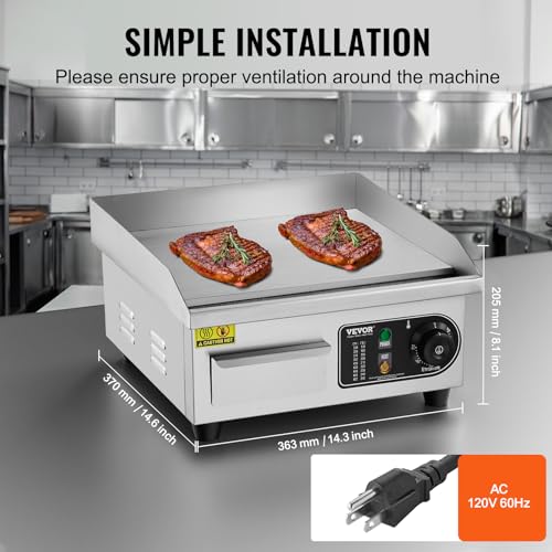 Image of VEVOR Commercial Electric Griddle, 1700W Countertop Flat Top Grill, 14in Stainless Steel Griddle Grill with 2 Shovels and 2 Brushes for Home or Restaurant, 122℉-572 ℉ Adjustable Temp