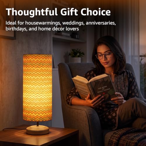 Image of Amazon Basics Tarang Zigzag Table Lamp | Hand-Painted Mango Wood Base with Printed Polyester Shade | E14 Holder | Decorative Night Lamp for Bedroom, Living Room & Study Room | Home Decor Gift