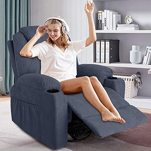 Image of MAGIC UNION Fabric Massage Recliner Chair Rocking and 360°Swivel Heated Ergonomic Living Room Lounge Chair Single Sofa with 2 Cup Holders and Side Pockets Multi-Function Remote Control (Fabric+Blue)