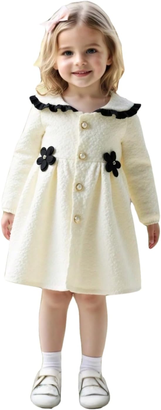 Girls’ Textured Dress with Peter Pan Collar, Long Sleeve, Cream with Navy Trim, Floral Appliques9M-3Y