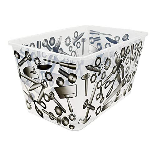 Image of SIMPLYKLEEN Storage Totes with Lids 4PC - Made in USA 14.5-Gallon Colorful Printed Decorative Design Storage Boxes Storage Bins with Lids Plastic Storage Containers for Organizer Black /Tool Clear
