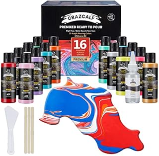 Acrylic Pouring Paint, CRAZCALF Pouring Set of 16 Bottles 60ml Ready Mixed High Flow Liquid Acrylic Paint Supplies with Silicone Oil for Pouring on Canvas, Statue, Wood, Pouring Set Gift for Beginners