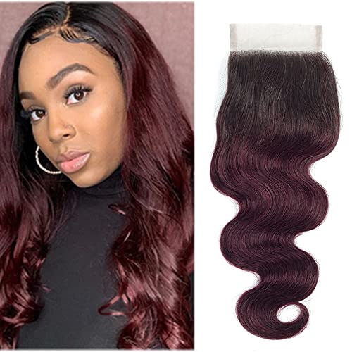 Ombre Lace Closure 4X4 Transparent Lace Free Part With Baby Hair Body Wave Closure For Women Pre Plucked Natural Hairline Peruvian Virgin Hair Real Human Hair Next Day Delivery 1B/99J Closure 14 Inch