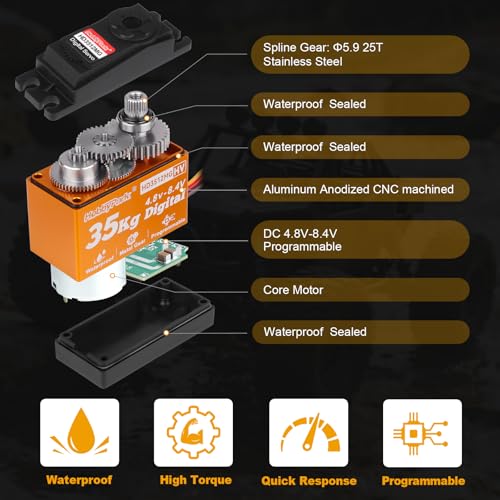 Image of HobbyPark RC Servo High Torque 35KG Digital Servo Metal Gears for 1 /7 1 /8 1 /10 RC Crawlers Compatible with SCX10 II TRX4 D90 VS4-10 with 25T Servo Horn, 180 Degree 8.4V HV (35kg Torque)