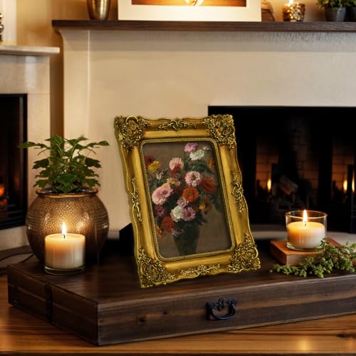 Image of Victorian Picture Frames 5x7 Gold Picture Frame Vintage Ornate | Tabletop or Wall Hanging, Real Glass