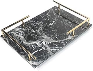 PuTwo Decorative Tray, MDF Tray with Marble Print, Handmade Vanity Tray, Perfume Tray, Jewelry Tray with Gold Metal Handle, Trinket Tray, Catchall Tray for Dresser Bathroom Vanity Table - Black