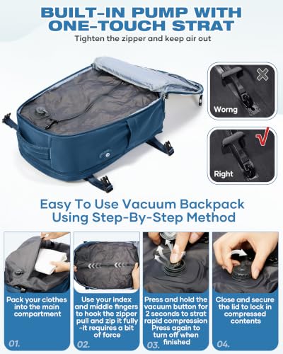 Image of suradar Vacuum Backpack Travel with Pump,Travel Backpack with One Button Vacuum System Vacpack Sealed Compression Airbag Carry on Flight Approved Laptop Backpack Space Saver Bags Blue