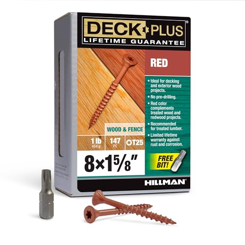 Image of Deck Plus 1-5 /8 Inch Epoxy Coated Exterior Wood and Fence Screws #8 x 1-5 /8 inch Torx /Star Drive Included Coarse Thread, Outdoor Rust Resistant Decking Screw, Red, 1lb Box, 147 Pieces | 48425