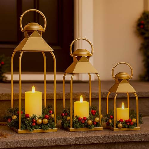 Dekorative Metall-Laternen für drinnen und draußen, Kerzenhalter für Veranda, Terrasse, Kamin, Boden, Hochzeit, Weihnachten, Herbst, Urlaub, Bauernhaus-Tischdekoration (Gold, 3 Stück, 50,8 cm, 39,9 cm