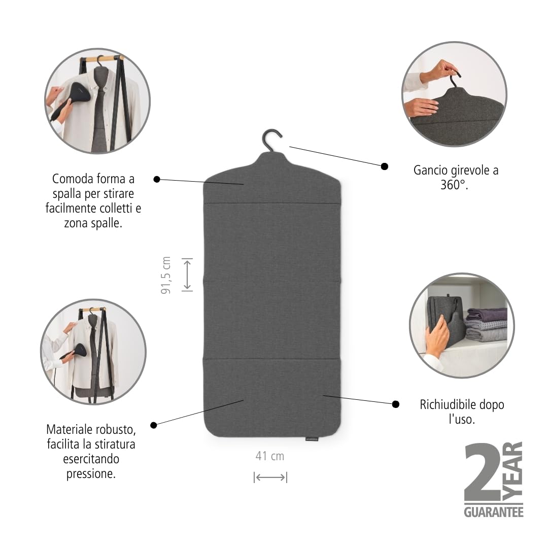 Brabantia ASSE Steaming richiudibile- Stiratura con Steamer ad Alta Pressione - Superficie Solida e Resistente al Calore - Gancio Versatile - Stiratura a Vapore Perfetta - 40 x 85 cm - Pepper Black