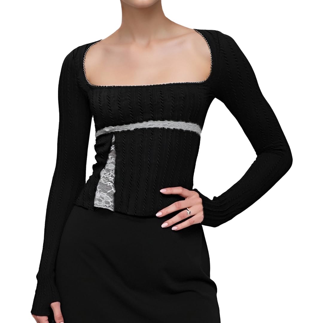 Ribbed Long Sleeve Tops for Women Square Neck Lace Hem Patchwork Knit Pullover Crop Wrap Sweater Fall Winter