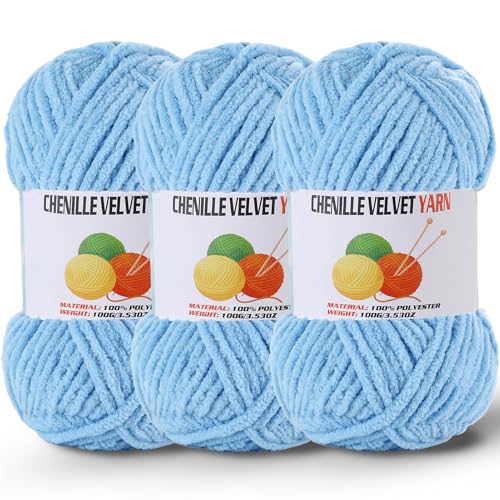 Image of 3 * 100g /3.5oz Fluffy Chenille Yarn for Crocheting, Chunky Velvet Yarn for Crochet Amigurumi, Used for Making Baby Yarns Blanket, Clothes, Pattern Knitting Creations (Bule)