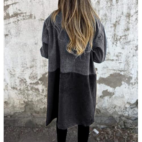 Womens Long Trench Coat Long Sleeve Denim Jacket Notched Lapel Double Breasted Pea Coat Over Knee Tunic Outerwear3