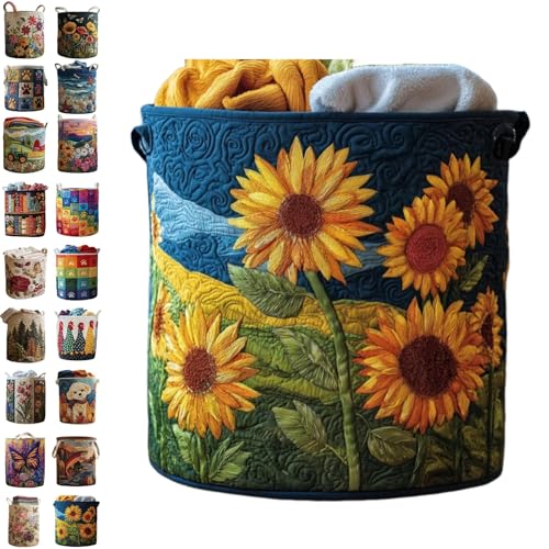 Image of Quilted Laundry Baskets with Handles, Large Floral Fabric Hampers, Extra Soft Boho Chic Storage Organizer for Nurseries, Collapsible Clothes Bins, Portable Bedroom Washing Container