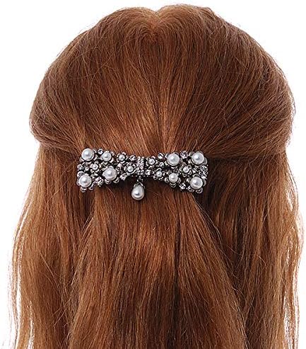 Vintage Inspired White Faux Pearl, Clear Crystal Bow Barrette Hair Clip Grip In Gunmetal Finish - 85mm Across - Image 5