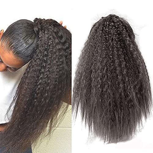 Afro Kinky Straight Ponytail,Yaki Straight Wrap Around Ponytail Hairpieces Heat Resistant Synthetic Clip in Ponytail Hair Extension (1B)
