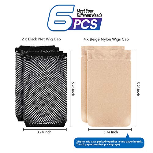 Foto von FANDAMEI 6 Stück Haarnetz Nylon Wig Cap Perücke Kappen, Perückenkappe Set Perückennetz Unterziehhaube Dehnbare Elastische Atmungsaktive 4 Nackt Beige Perückenkappen, 2 Schwarze Haarnetz