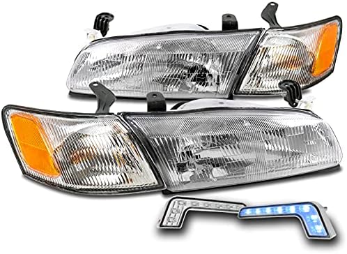 Replacement Headlights Chrome w/Corner Lights + 6.25" Blue LED DRL Compatible with 1997-1999 Toyota Camry